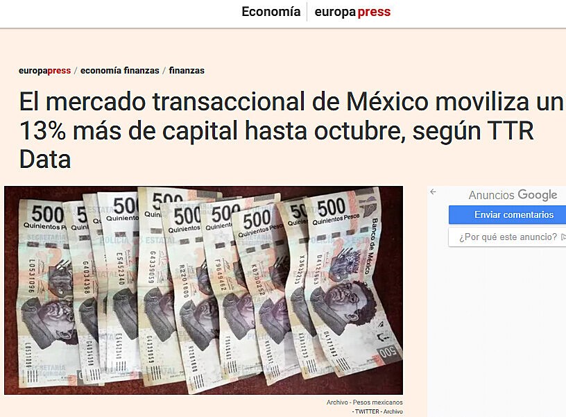 El mercado transaccional de Mxico moviliza un 13% ms de capital hasta octubre, segn TTR Data